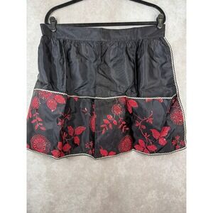 Vintage 50s Nylon Half Apron Black Red Floral Glitter Rickrack Trad Wife Baking